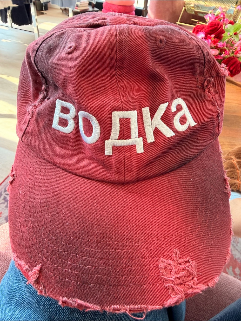 Alexander Digenova Red VODKA Distressed Baseball Cap with White Embroidery